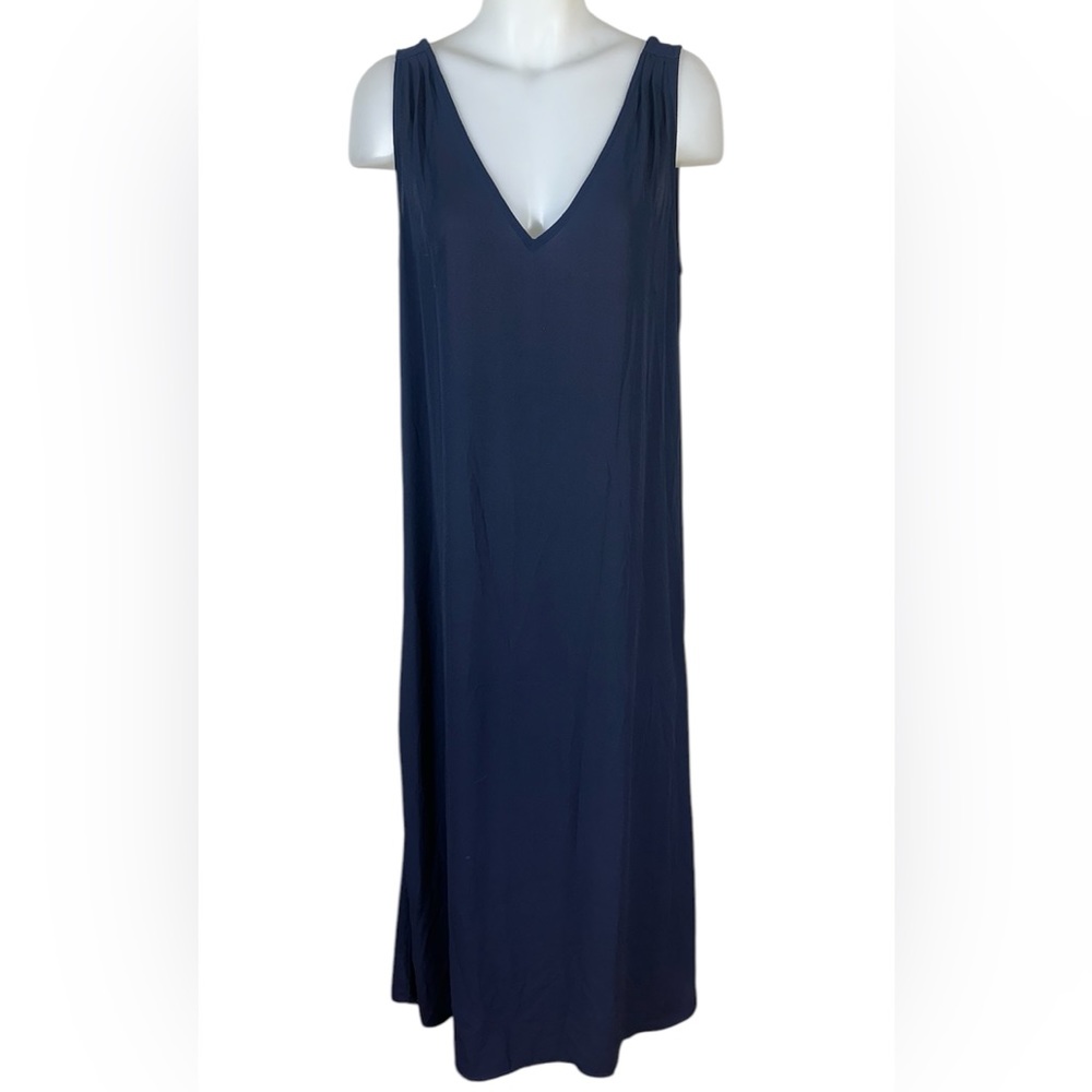 J Crew M Crepe Slip Dress Double V Neck Back Maxi Long Tank Boho Navy Blue A7837